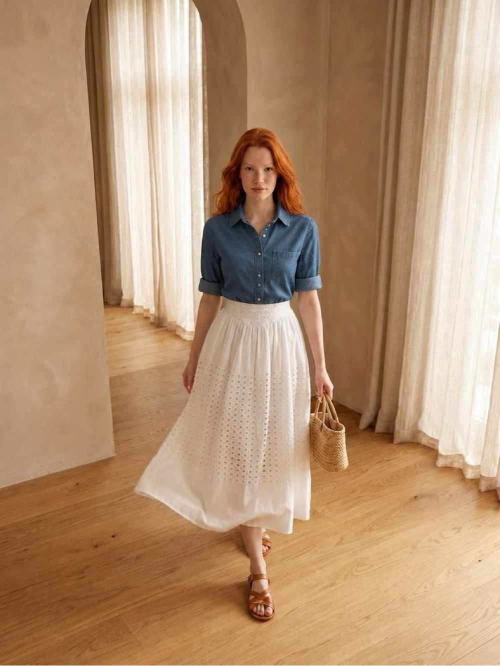 Women's White Eyelet Midi Skirt - Classic Summer Style